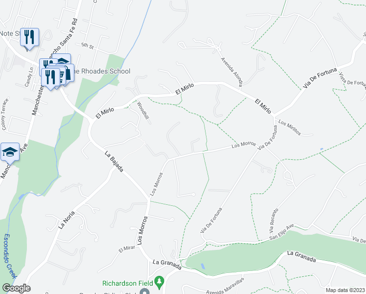 map of restaurants, bars, coffee shops, grocery stores, and more near 17534 Los Morros in Rancho Santa Fe