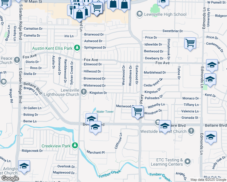 map of restaurants, bars, coffee shops, grocery stores, and more near 1037 Kingston Drive in Lewisville
