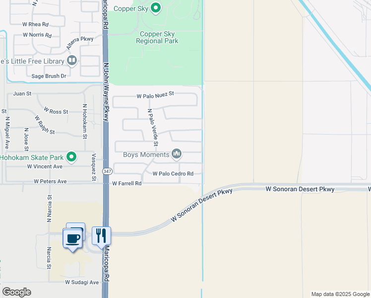 map of restaurants, bars, coffee shops, grocery stores, and more near 44048 West Palo Olmo Road in Maricopa
