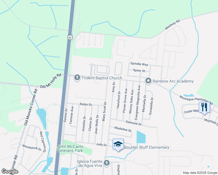 map of restaurants, bars, coffee shops, grocery stores, and more near 524 Mary Scott Drive in Goose Creek