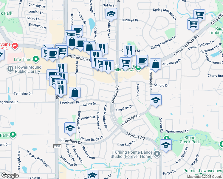 map of restaurants, bars, coffee shops, grocery stores, and more near 2208 Norwich Street in Flower Mound
