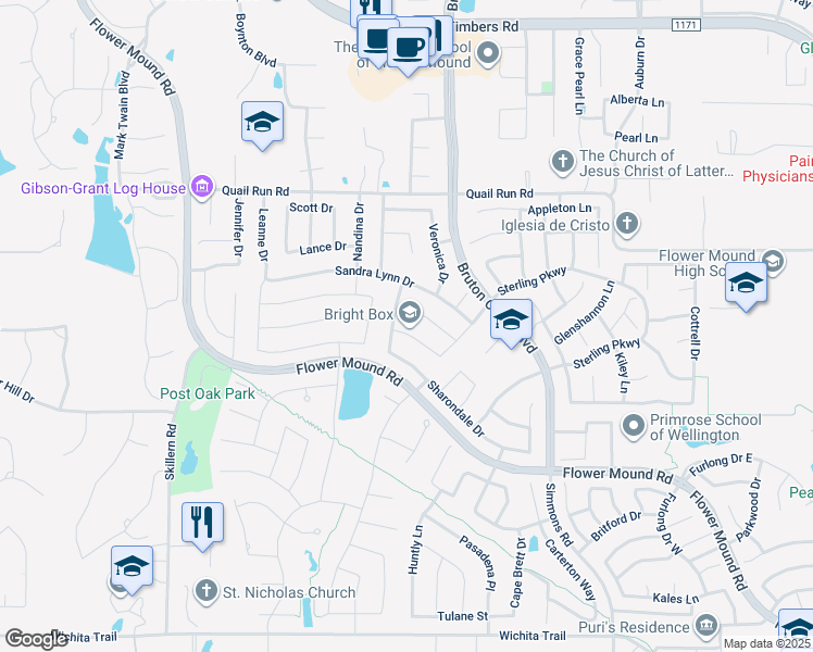 map of restaurants, bars, coffee shops, grocery stores, and more near 4224 Tiffany Drive in Flower Mound