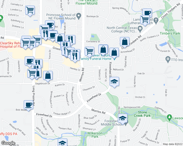 map of restaurants, bars, coffee shops, grocery stores, and more near 2105 Helmsford Drive in Flower Mound
