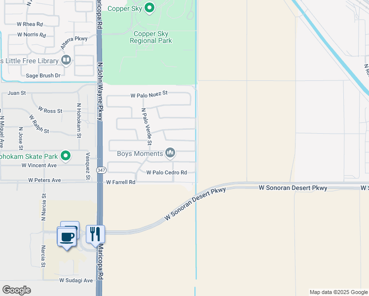 map of restaurants, bars, coffee shops, grocery stores, and more near 44048 West Palo Olmo Road in Maricopa
