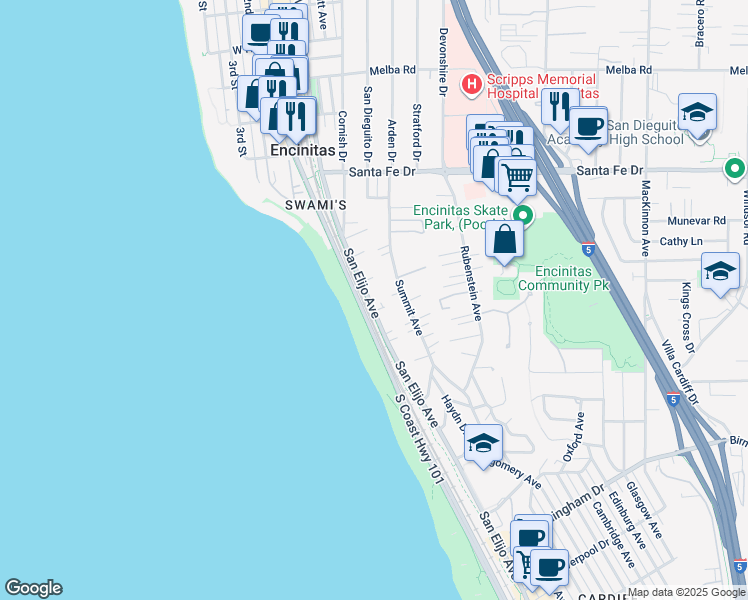 map of restaurants, bars, coffee shops, grocery stores, and more near 1421 San Elijo Avenue in Encinitas