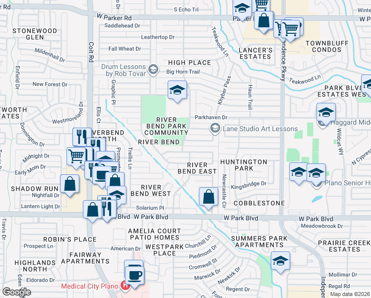 map of restaurants, bars, coffee shops, grocery stores, and more near 3533 Wandering Trail in Plano