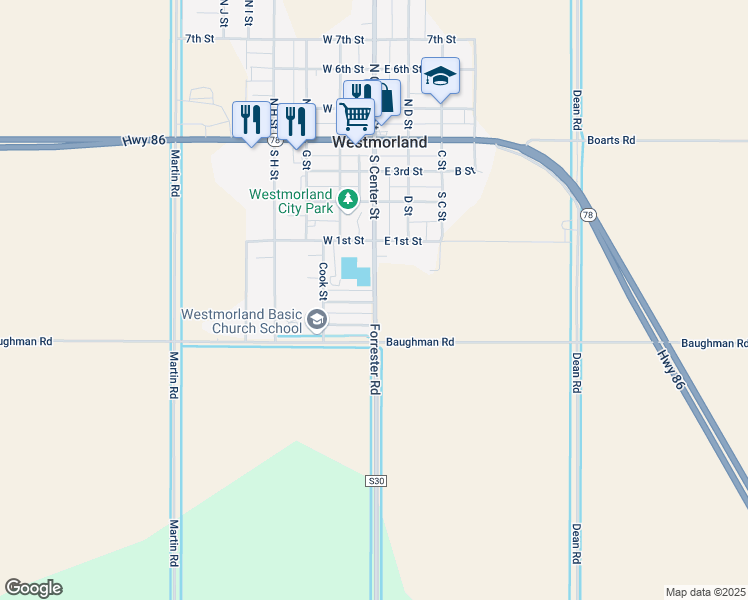 map of restaurants, bars, coffee shops, grocery stores, and more near 5236 South Center Street in Brawley