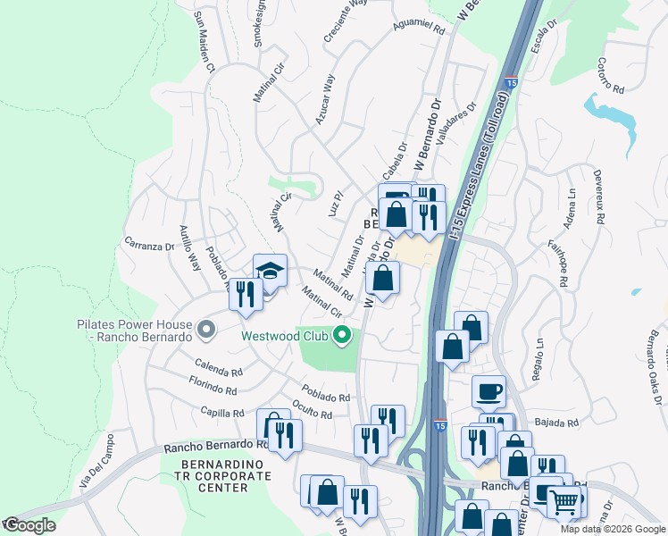 map of restaurants, bars, coffee shops, grocery stores, and more near 17429 Cabela Drive in San Diego