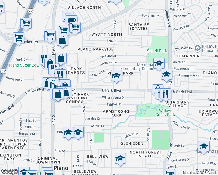 map of restaurants, bars, coffee shops, grocery stores, and more near 1609 East Park Boulevard in Plano