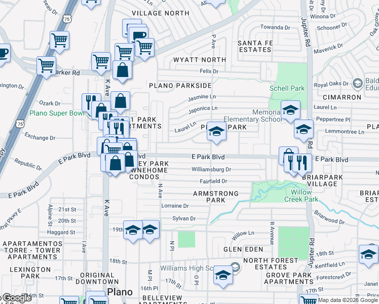 map of restaurants, bars, coffee shops, grocery stores, and more near 1609 East Park Boulevard in Plano