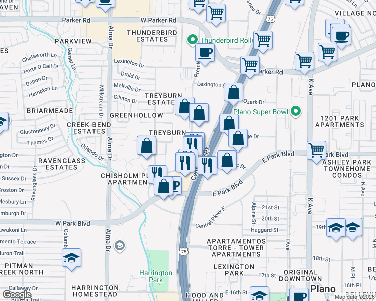 map of restaurants, bars, coffee shops, grocery stores, and more near 2301 N US 75-Central Expy 1000 in Plano