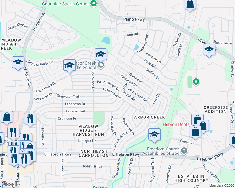 map of restaurants, bars, coffee shops, grocery stores, and more near 2148 Falcon Ridge Drive in Carrollton