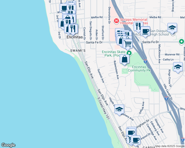 map of restaurants, bars, coffee shops, grocery stores, and more near 1421 San Elijo Avenue in Encinitas