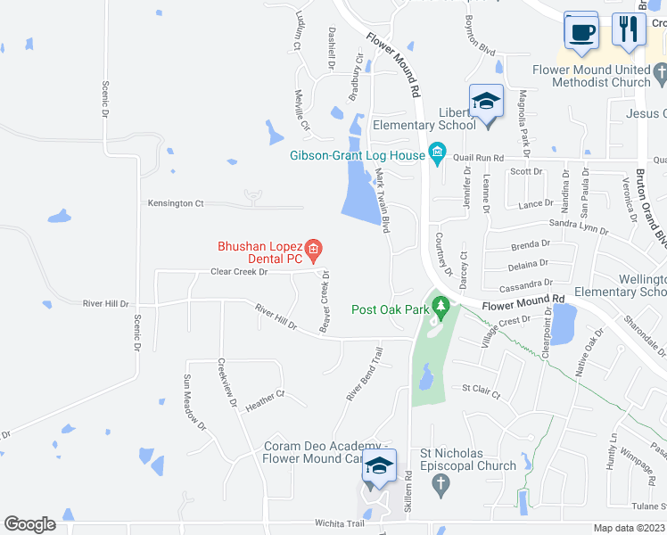 map of restaurants, bars, coffee shops, grocery stores, and more near 3208 Beaver Creek Drive in Flower Mound