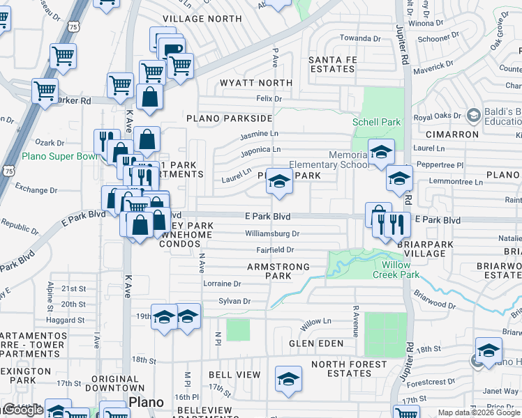 map of restaurants, bars, coffee shops, grocery stores, and more near 1609 East Park Boulevard in Plano