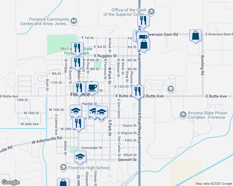 map of restaurants, bars, coffee shops, grocery stores, and more near 27 North Center Street in Florence