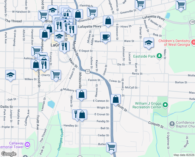 map of restaurants, bars, coffee shops, grocery stores, and more near 209 Fannin Street in LaGrange