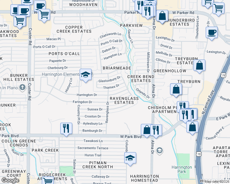 map of restaurants, bars, coffee shops, grocery stores, and more near 1425 Harrington Drive in Plano