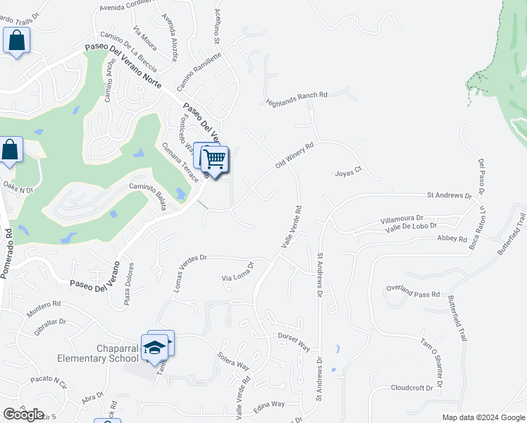 map of restaurants, bars, coffee shops, grocery stores, and more near 17762 Old Winery Way in Poway
