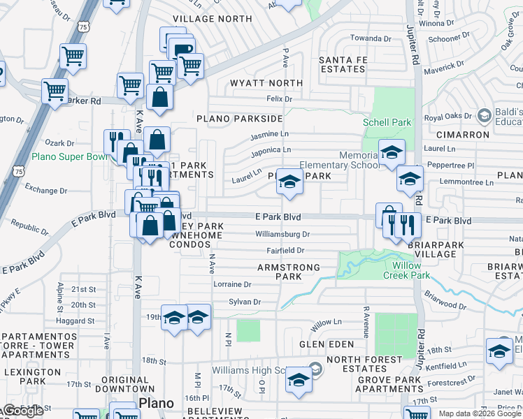 map of restaurants, bars, coffee shops, grocery stores, and more near 1609 East Park Boulevard in Plano