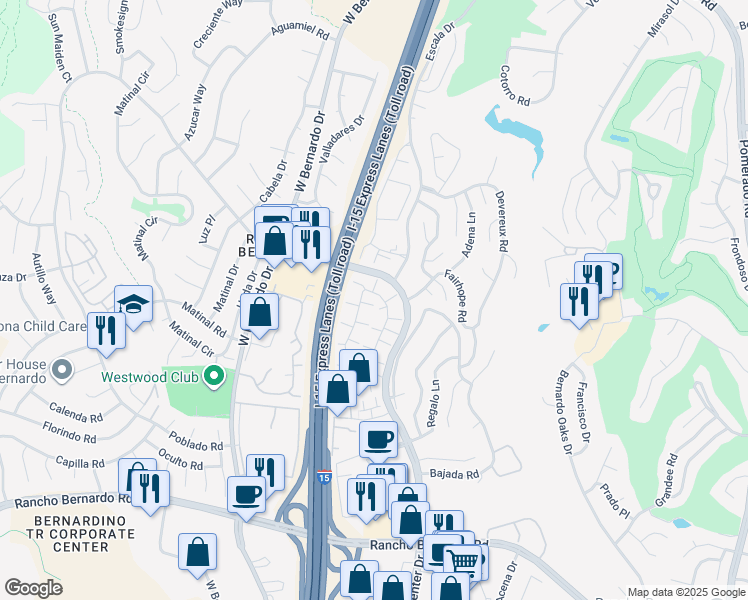 map of restaurants, bars, coffee shops, grocery stores, and more near 17557 Ashburton Road in San Diego