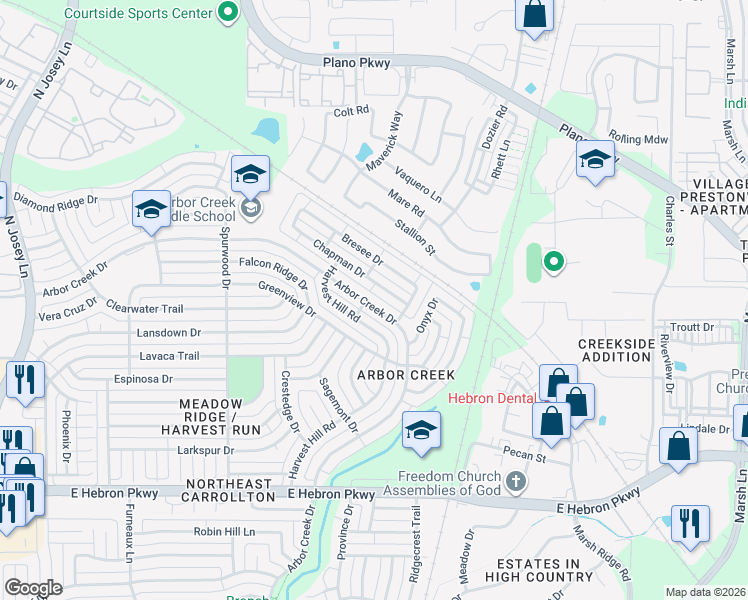 map of restaurants, bars, coffee shops, grocery stores, and more near 2225 Arbor Creek Drive in Carrollton