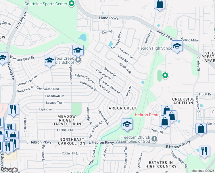 map of restaurants, bars, coffee shops, grocery stores, and more near 2225 Arbor Creek Drive in Carrollton