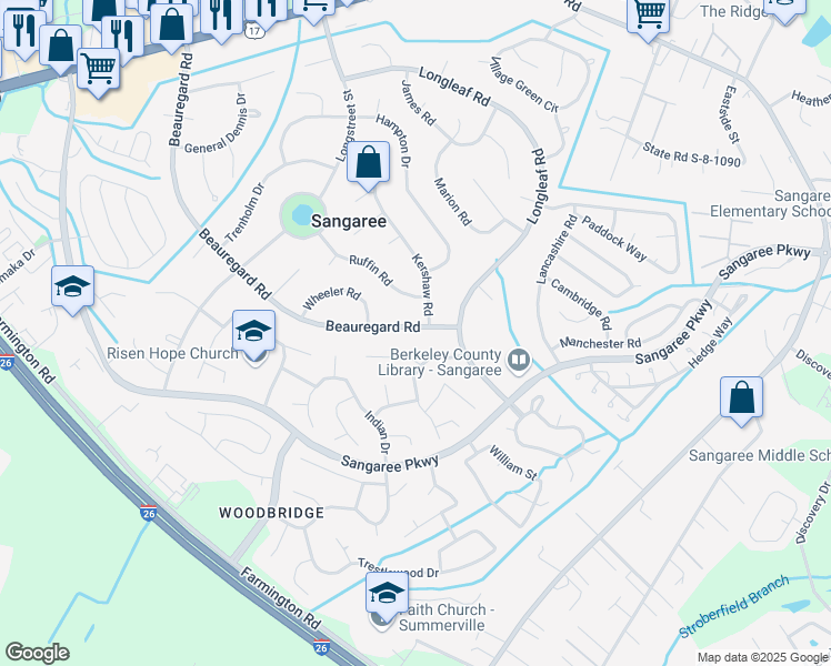 map of restaurants, bars, coffee shops, grocery stores, and more near 812 Beauregard Road in Summerville