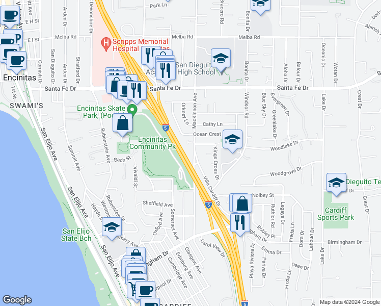 map of restaurants, bars, coffee shops, grocery stores, and more near 1470 Mackinnon Avenue in Encinitas
