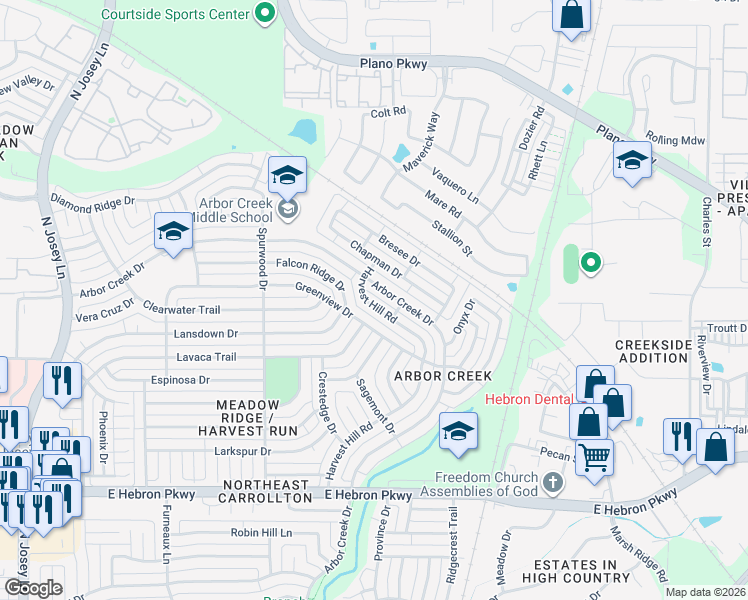 map of restaurants, bars, coffee shops, grocery stores, and more near 4336 Harvest Hill Road in Carrollton