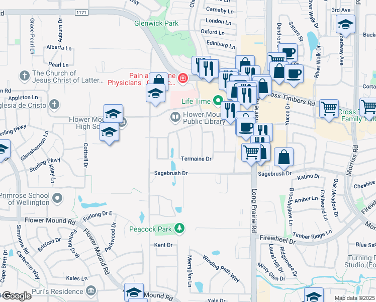 map of restaurants, bars, coffee shops, grocery stores, and more near 3304 Dowland Drive in Flower Mound