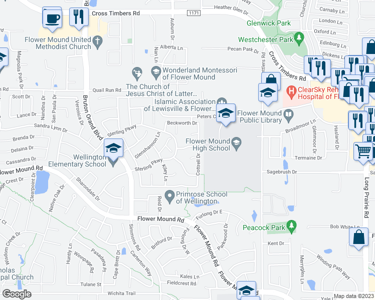 map of restaurants, bars, coffee shops, grocery stores, and more near 3601 Rolling Oaks Drive in Flower Mound
