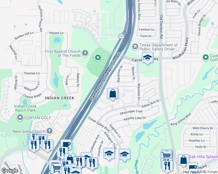 map of restaurants, bars, coffee shops, grocery stores, and more near 1300 Meskwaki Way in Carrollton