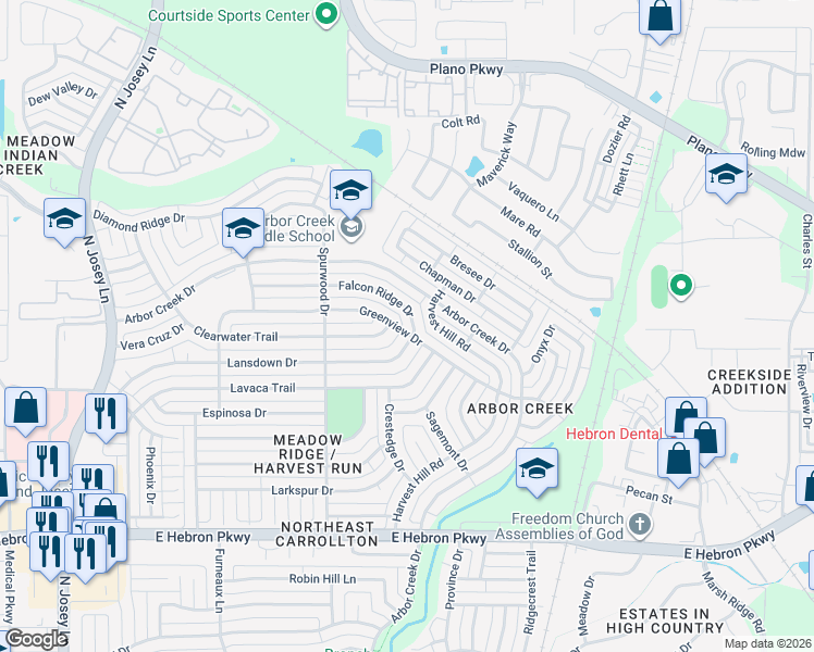 map of restaurants, bars, coffee shops, grocery stores, and more near 2148 Falcon Ridge Drive in Carrollton