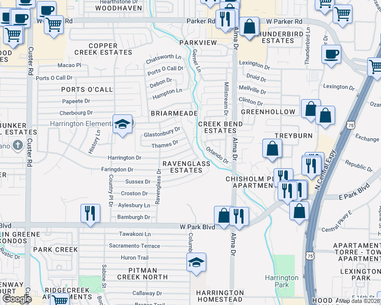 map of restaurants, bars, coffee shops, grocery stores, and more near 1400 Harrington Drive in Plano