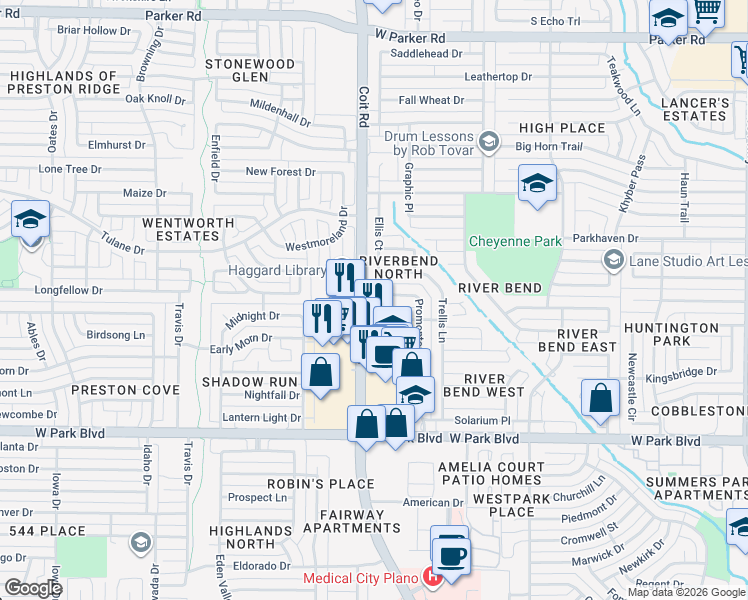 map of restaurants, bars, coffee shops, grocery stores, and more near 3928 Promontory Point in Plano