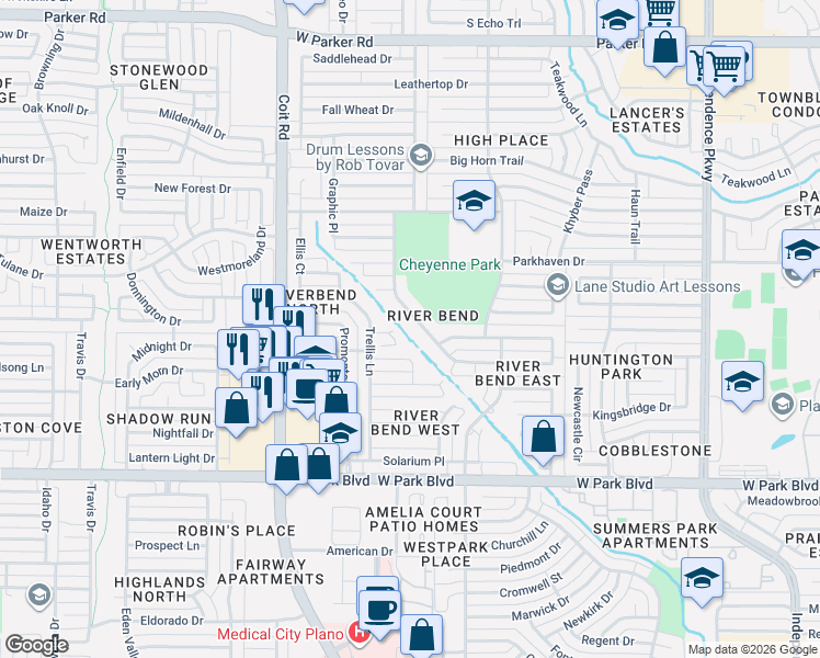 map of restaurants, bars, coffee shops, grocery stores, and more near 3716 Interlaken Drive in Plano