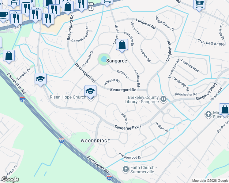 map of restaurants, bars, coffee shops, grocery stores, and more near 710 Beauregard Road in Summerville