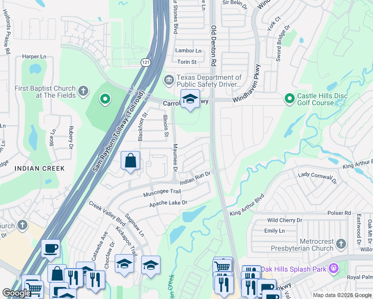 map of restaurants, bars, coffee shops, grocery stores, and more near 1057 Chickasaw Drive in Carrollton