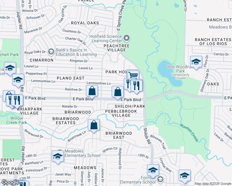 map of restaurants, bars, coffee shops, grocery stores, and more near 3304 Raintree Drive in Plano