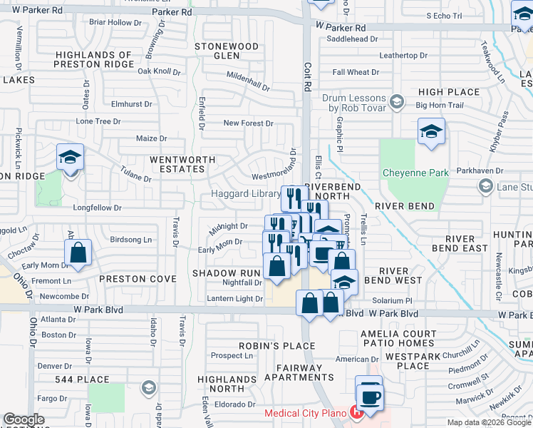 map of restaurants, bars, coffee shops, grocery stores, and more near 2500 Rosehill Lane in Plano