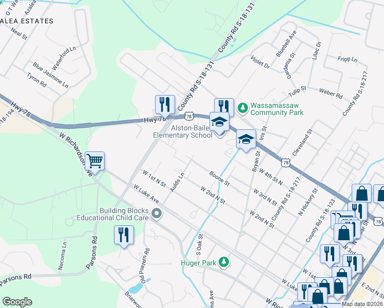 map of restaurants, bars, coffee shops, grocery stores, and more near 318 Aulds Lane in Summerville