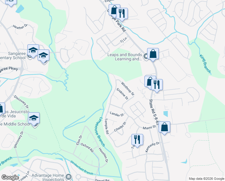 map of restaurants, bars, coffee shops, grocery stores, and more near 717B Temple Road in Ladson