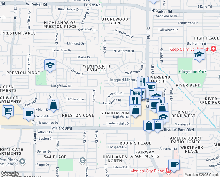 map of restaurants, bars, coffee shops, grocery stores, and more near 4220 Castlemaine Lane in Plano