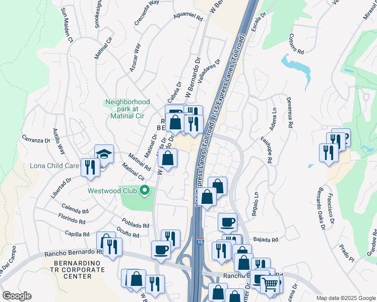 map of restaurants, bars, coffee shops, grocery stores, and more near 17537 Caminito Canasto in San Diego