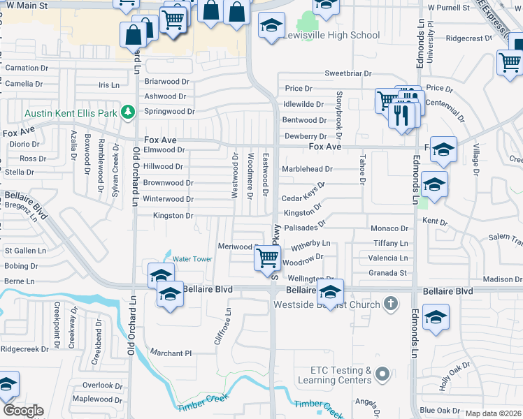 map of restaurants, bars, coffee shops, grocery stores, and more near 1150 Eastwood Drive in Lewisville