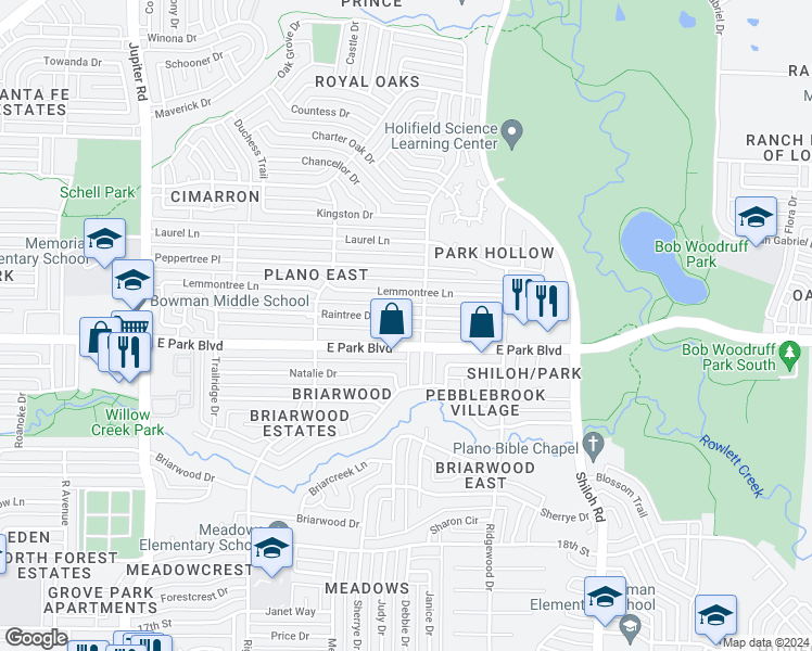 map of restaurants, bars, coffee shops, grocery stores, and more near 3104 Raintree Drive in Plano