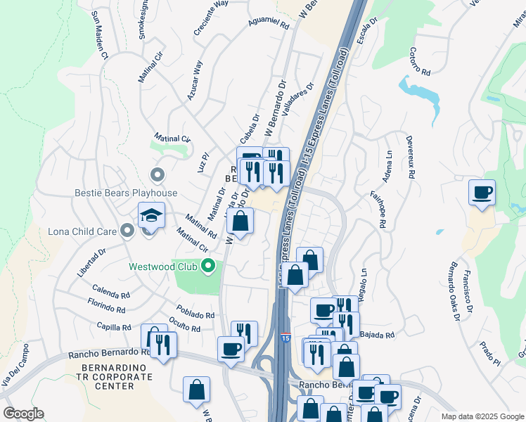 map of restaurants, bars, coffee shops, grocery stores, and more near 17537 Caminito Canasto in San Diego