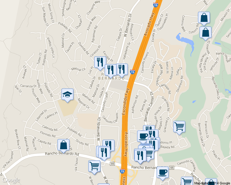 map of restaurants, bars, coffee shops, grocery stores, and more near 17537 Caminito Canasto in San Diego