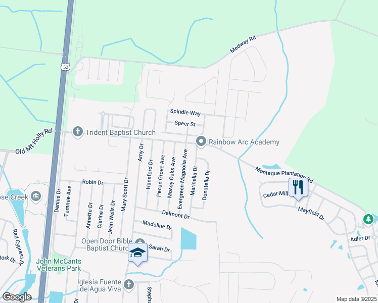 map of restaurants, bars, coffee shops, grocery stores, and more near 152 Evergreen Magnolia Avenue in Goose Creek
